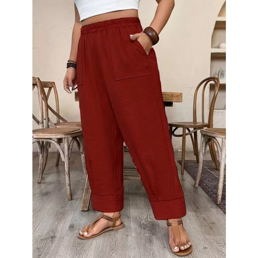 Plus Size High-Waisted Elastic Waist Pants with Pockets Apparel and Accessories