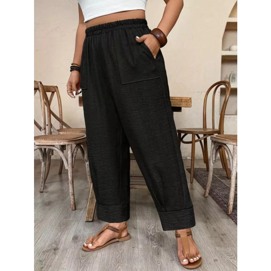 Plus Size High-Waisted Elastic Waist Pants with Pockets Apparel and Accessories