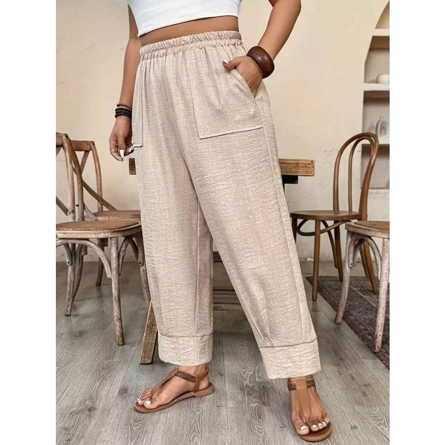 Plus Size High-Waisted Elastic Waist Pants with Pockets Apparel and Accessories