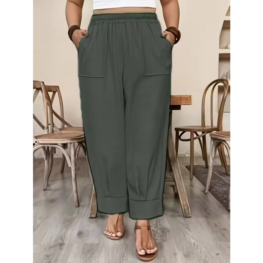 Plus Size High-Waisted Elastic Waist Pants with Pockets Army Green / 1XL Apparel and Accessories