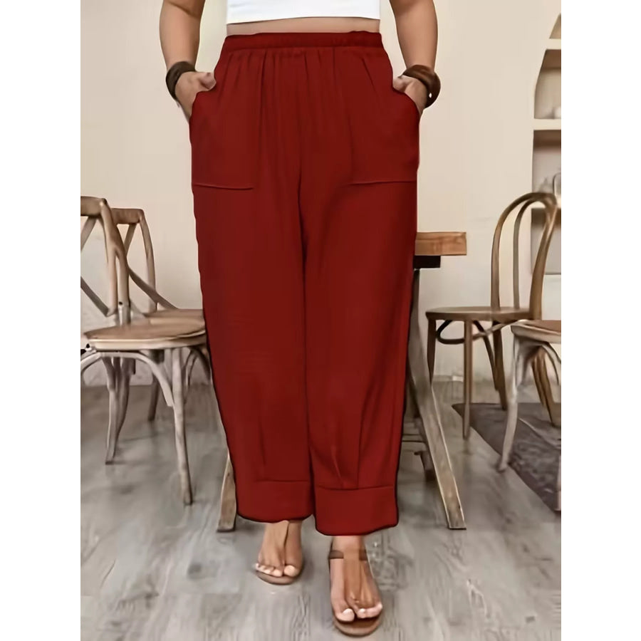 Plus Size High-Waisted Elastic Waist Pants with Pockets Burgundy / 1XL Apparel and Accessories