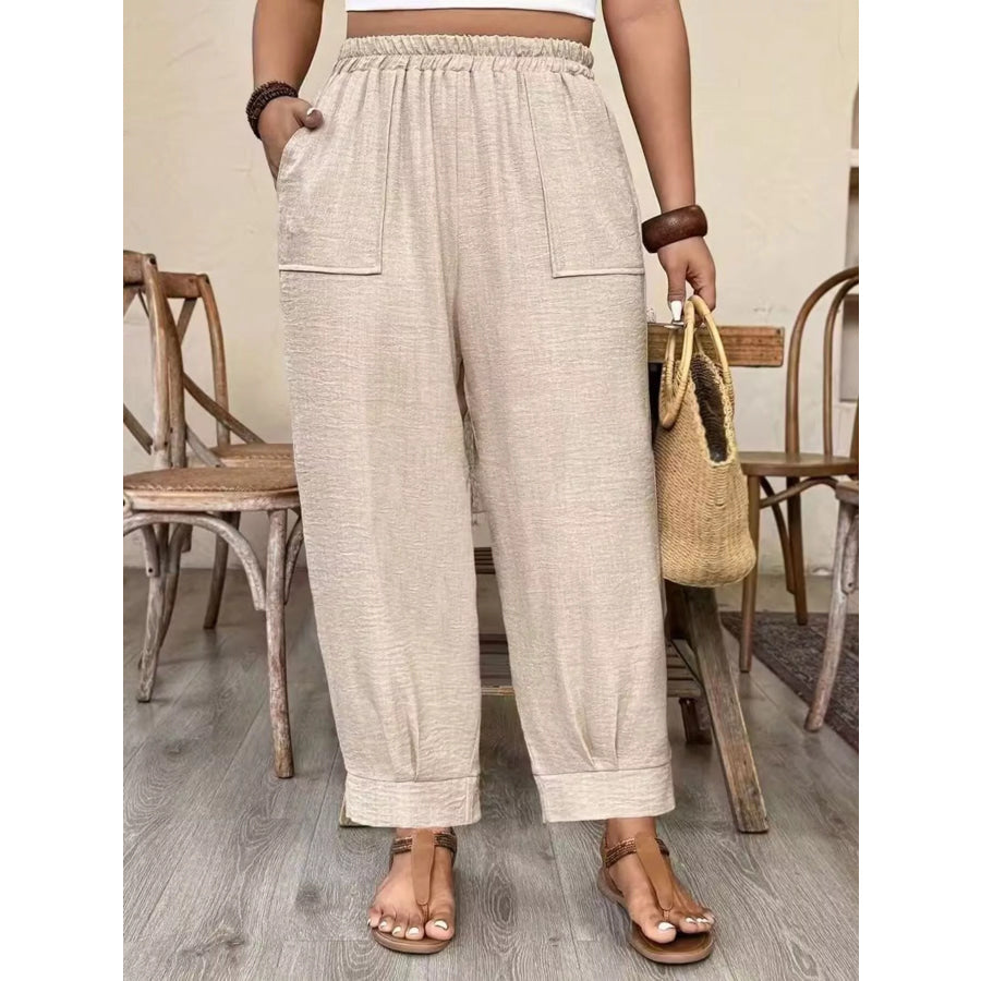 Plus Size High-Waisted Elastic Waist Pants with Pockets Khaki / 1XL Apparel and Accessories