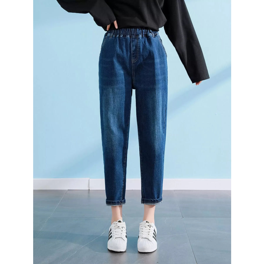 Plus Size High-Waisted Elastic Waistband Casual Jeans Apparel and Accessories