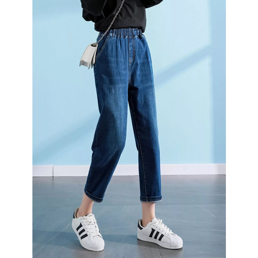 Plus Size High-Waisted Elastic Waistband Casual Jeans Apparel and Accessories