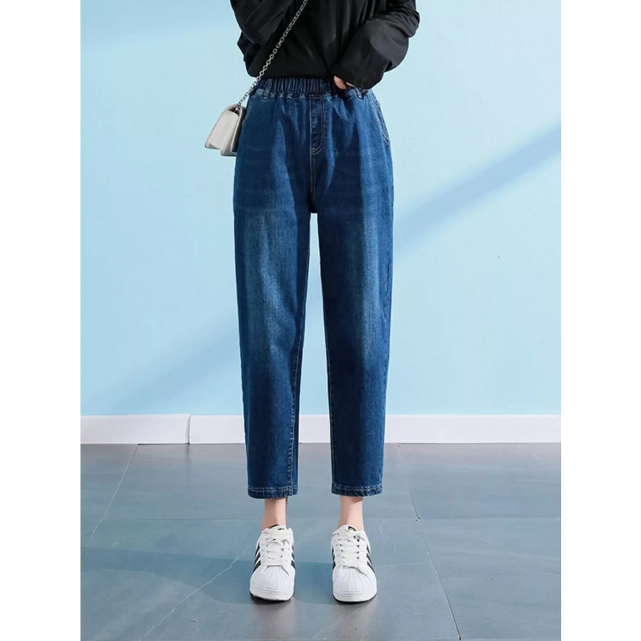 Plus Size High-Waisted Elastic Waistband Casual Jeans Blue / L Apparel and Accessories