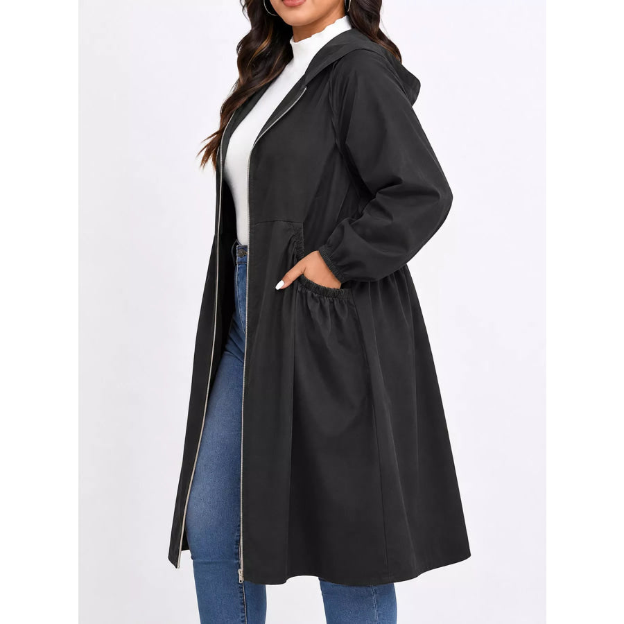 Plus Size Hooded Zip-Up Longline Windbreaker Outerwear Apparel and Accessories