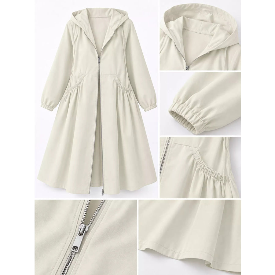 Plus Size Hooded Zip-Up Longline Windbreaker Outerwear Apparel and Accessories