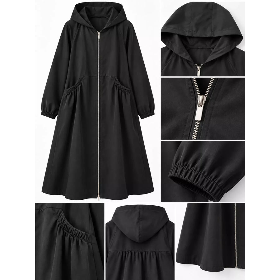 Plus Size Hooded Zip-Up Longline Windbreaker Outerwear Apparel and Accessories