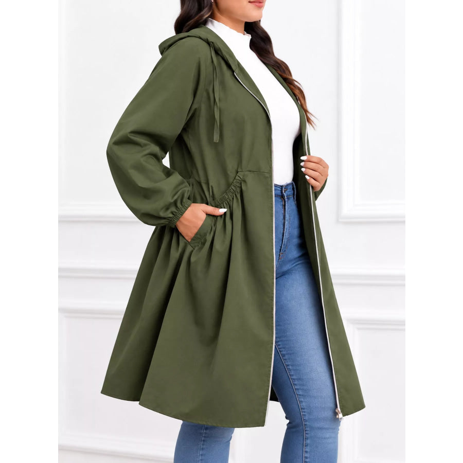 Plus Size Hooded Zip-Up Longline Windbreaker Outerwear Apparel and Accessories
