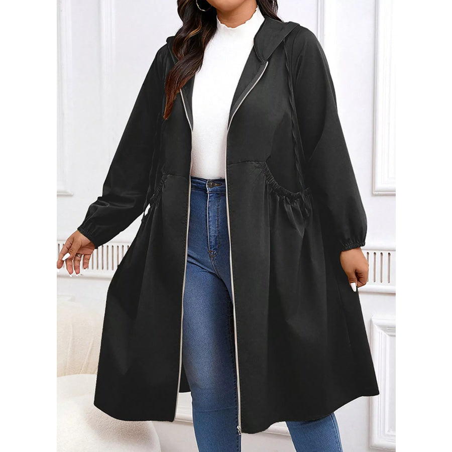 Plus Size Hooded Zip-Up Longline Windbreaker Outerwear Apparel and Accessories