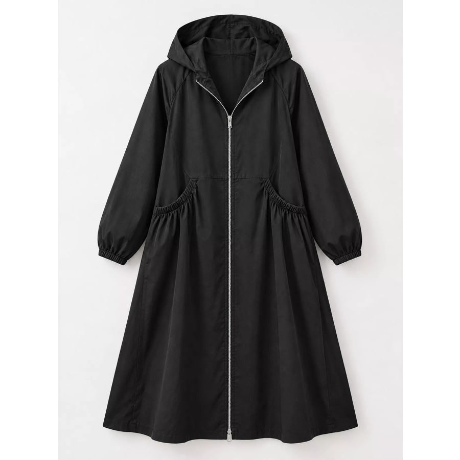 Plus Size Hooded Zip-Up Longline Windbreaker Outerwear Apparel and Accessories