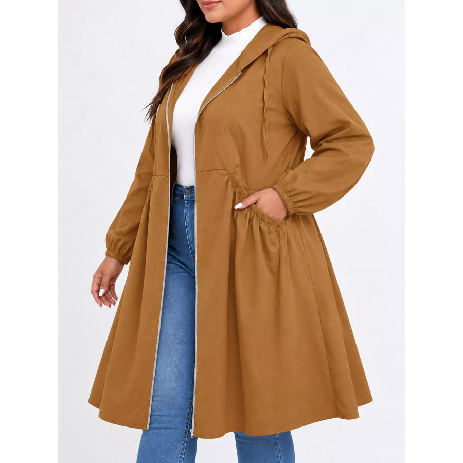 Plus Size Hooded Zip-Up Longline Windbreaker Outerwear Apparel and Accessories