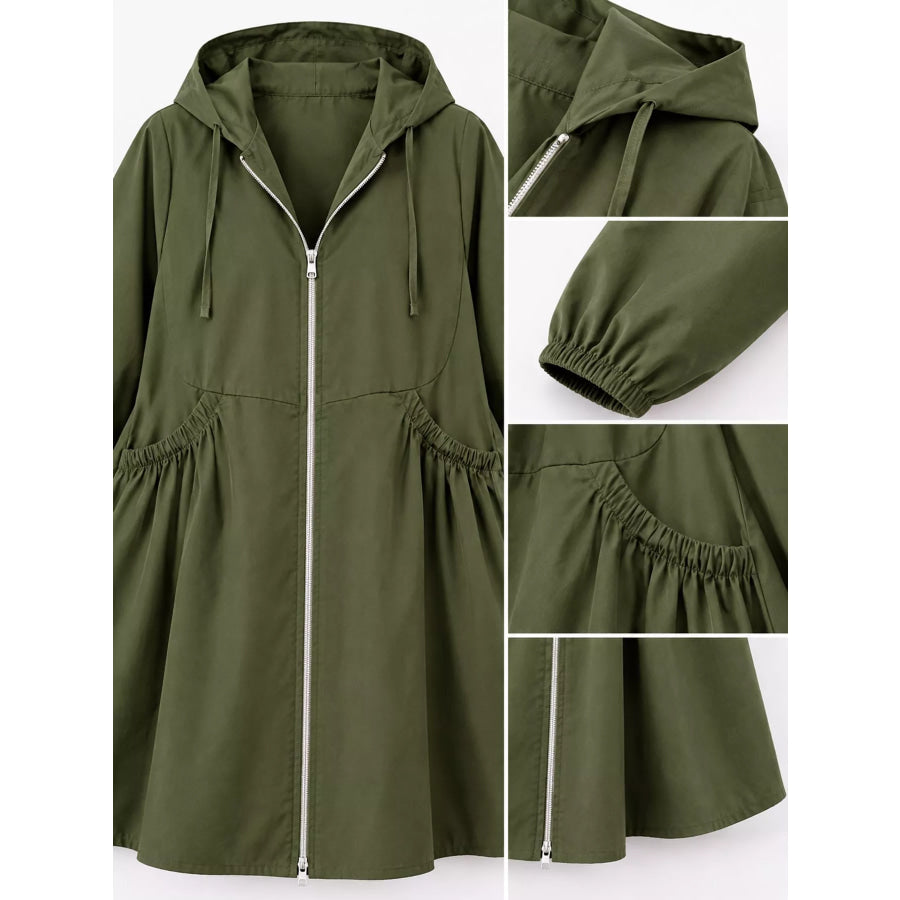 Plus Size Hooded Zip-Up Longline Windbreaker Outerwear Apparel and Accessories