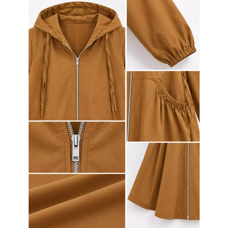 Plus Size Hooded Zip-Up Longline Windbreaker Outerwear Apparel and Accessories