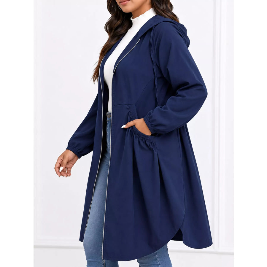 Plus Size Hooded Zip-Up Longline Windbreaker Outerwear Apparel and Accessories
