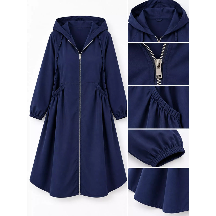 Plus Size Hooded Zip-Up Longline Windbreaker Outerwear Apparel and Accessories