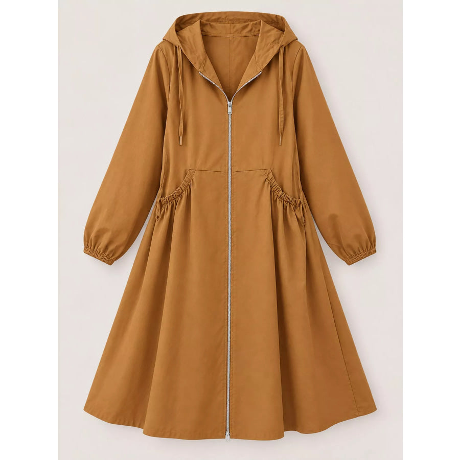 Plus Size Hooded Zip-Up Longline Windbreaker Outerwear Apparel and Accessories