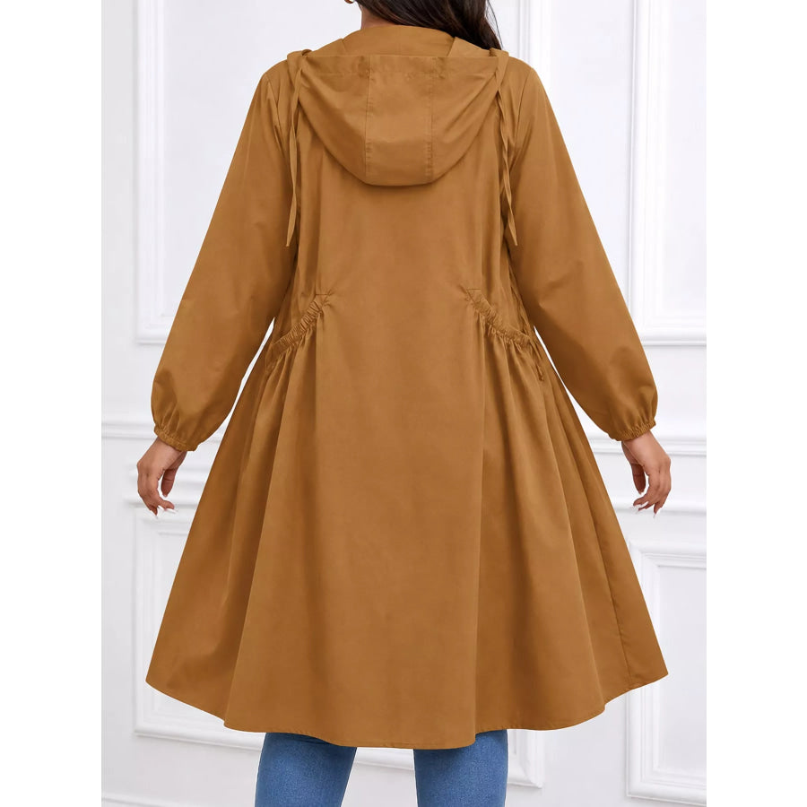 Plus Size Hooded Zip-Up Longline Windbreaker Outerwear Apparel and Accessories