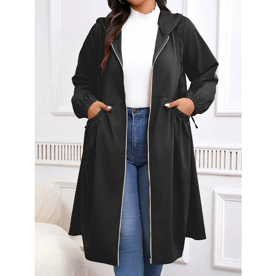 Plus Size Hooded Zip-Up Longline Windbreaker Outerwear Apparel and Accessories
