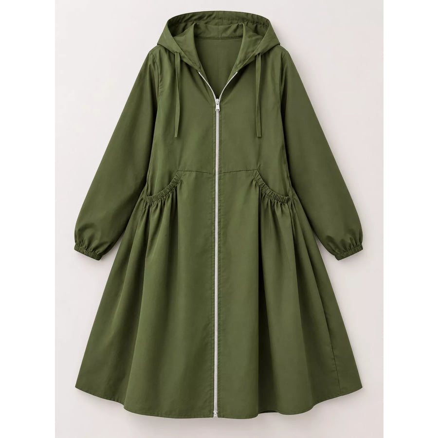 Plus Size Hooded Zip-Up Longline Windbreaker Outerwear Apparel and Accessories