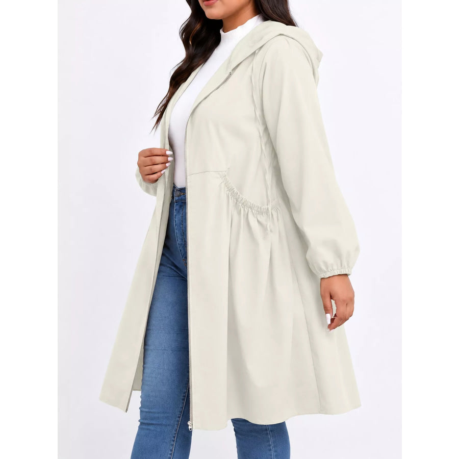 Plus Size Hooded Zip-Up Longline Windbreaker Outerwear Apparel and Accessories