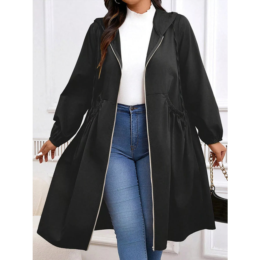 Plus Size Hooded Zip-Up Longline Windbreaker Outerwear Apparel and Accessories