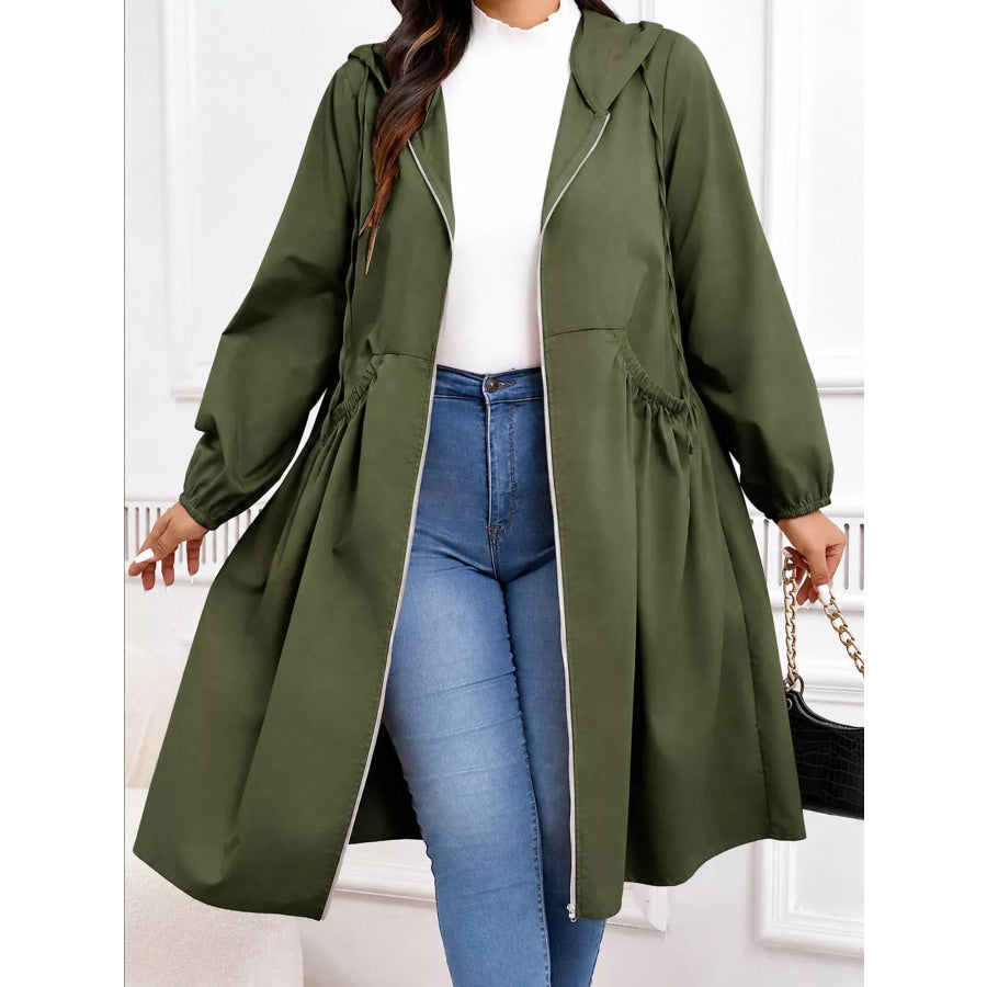 Plus Size Hooded Zip-Up Longline Windbreaker Outerwear Army Green / L Apparel and Accessories