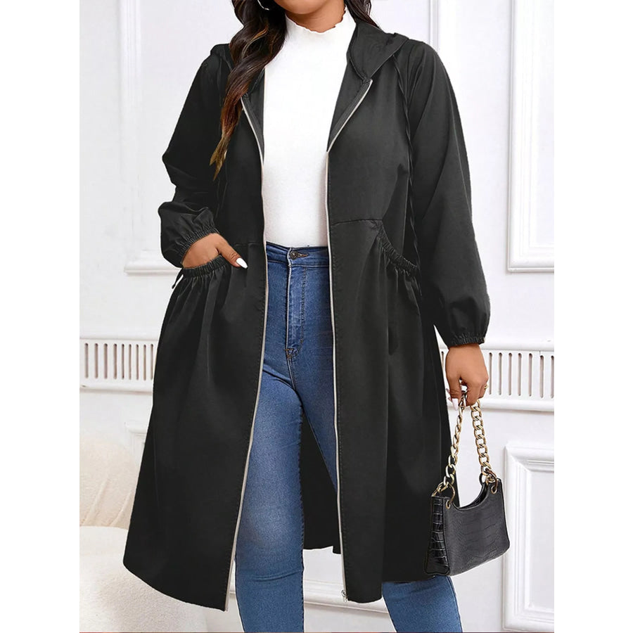 Plus Size Hooded Zip-Up Longline Windbreaker Outerwear Black / L Apparel and Accessories