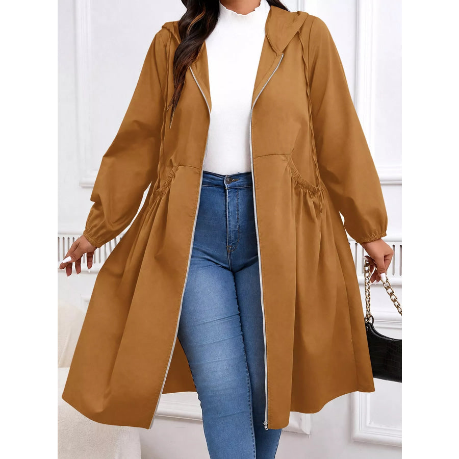 Plus Size Hooded Zip-Up Longline Windbreaker Outerwear Brown / L Apparel and Accessories