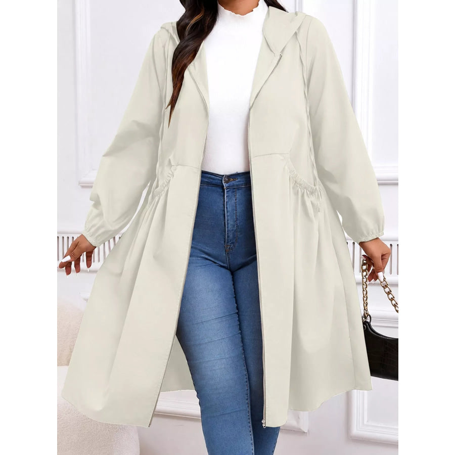 Plus Size Hooded Zip-Up Longline Windbreaker Outerwear Cream / L Apparel and Accessories