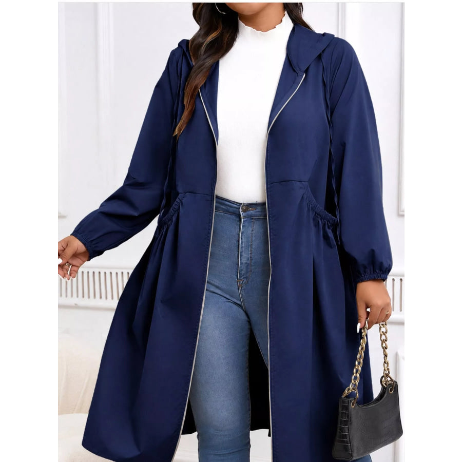 Plus Size Hooded Zip-Up Longline Windbreaker Outerwear Navy / L Apparel and Accessories