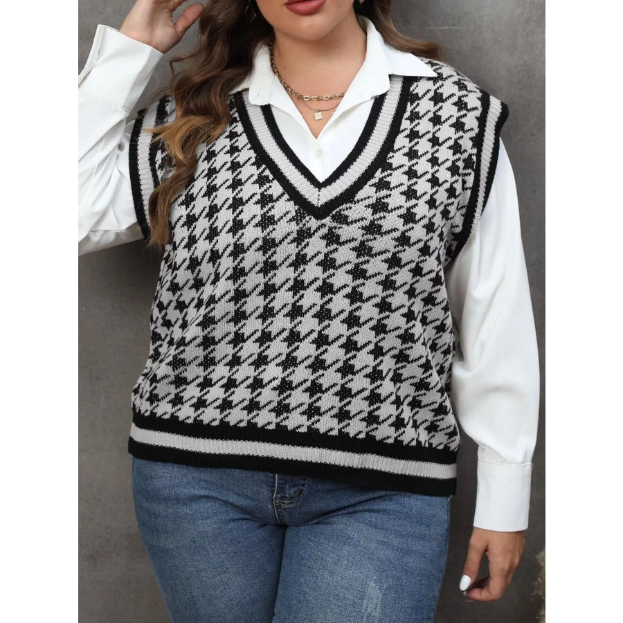 Plus Size Houndstooth V-Neck Knit Sweater Vest Apparel and Accessories