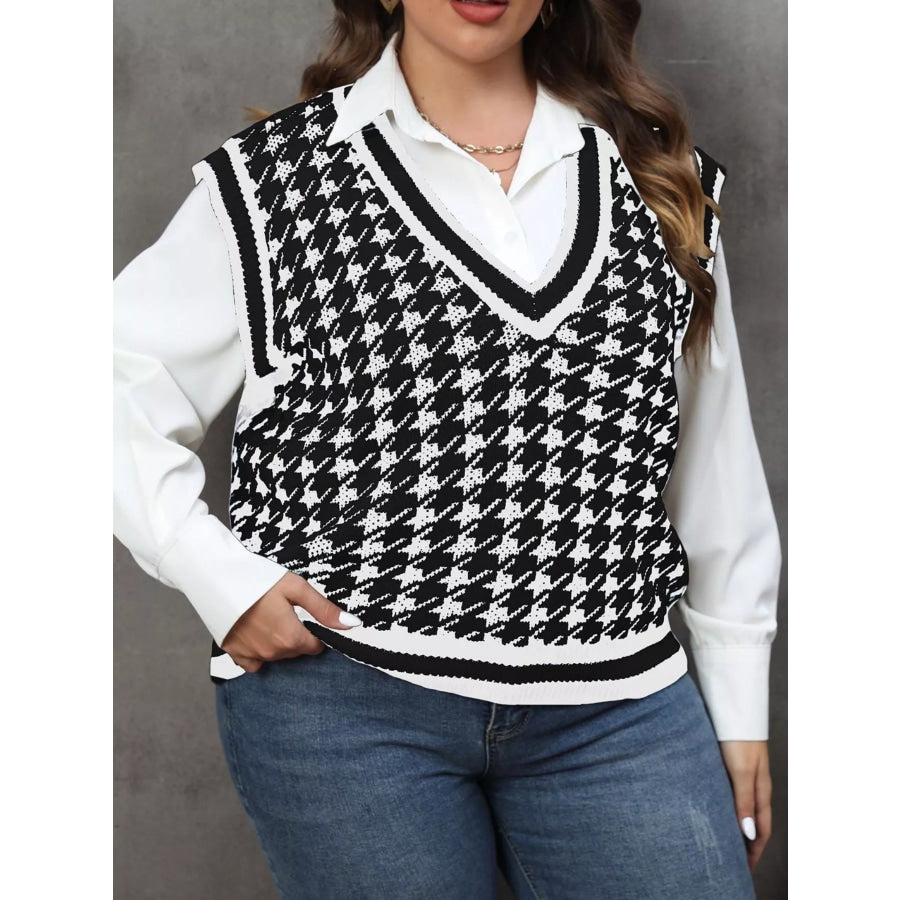 Plus Size Houndstooth V-Neck Knit Sweater Vest Apparel and Accessories
