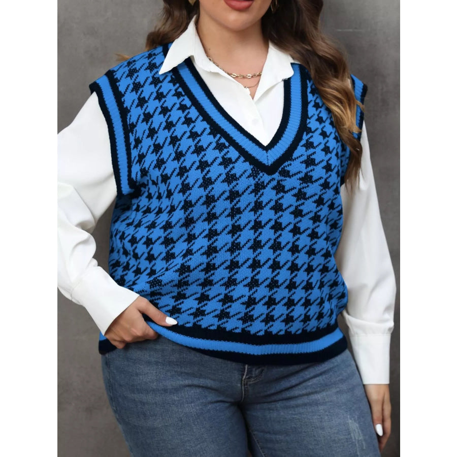 Plus Size Houndstooth V-Neck Knit Sweater Vest Apparel and Accessories