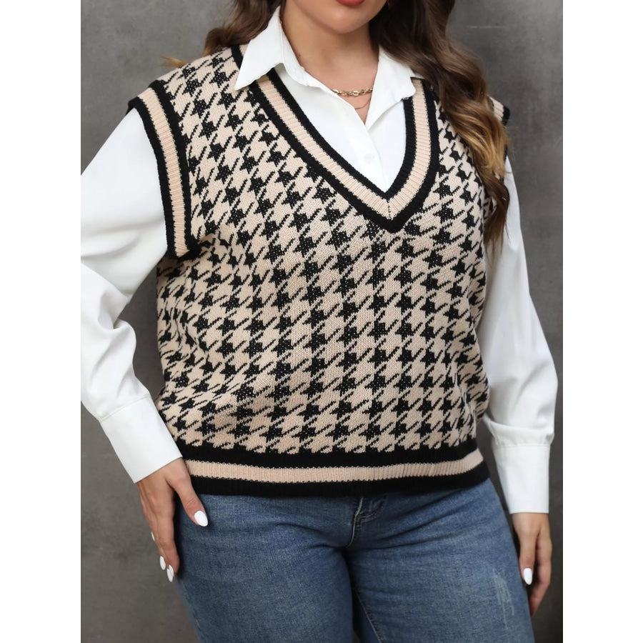 Plus Size Houndstooth V-Neck Knit Sweater Vest Apparel and Accessories