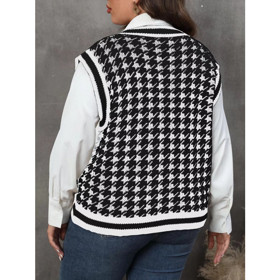 Plus Size Houndstooth V-Neck Knit Sweater Vest Apparel and Accessories