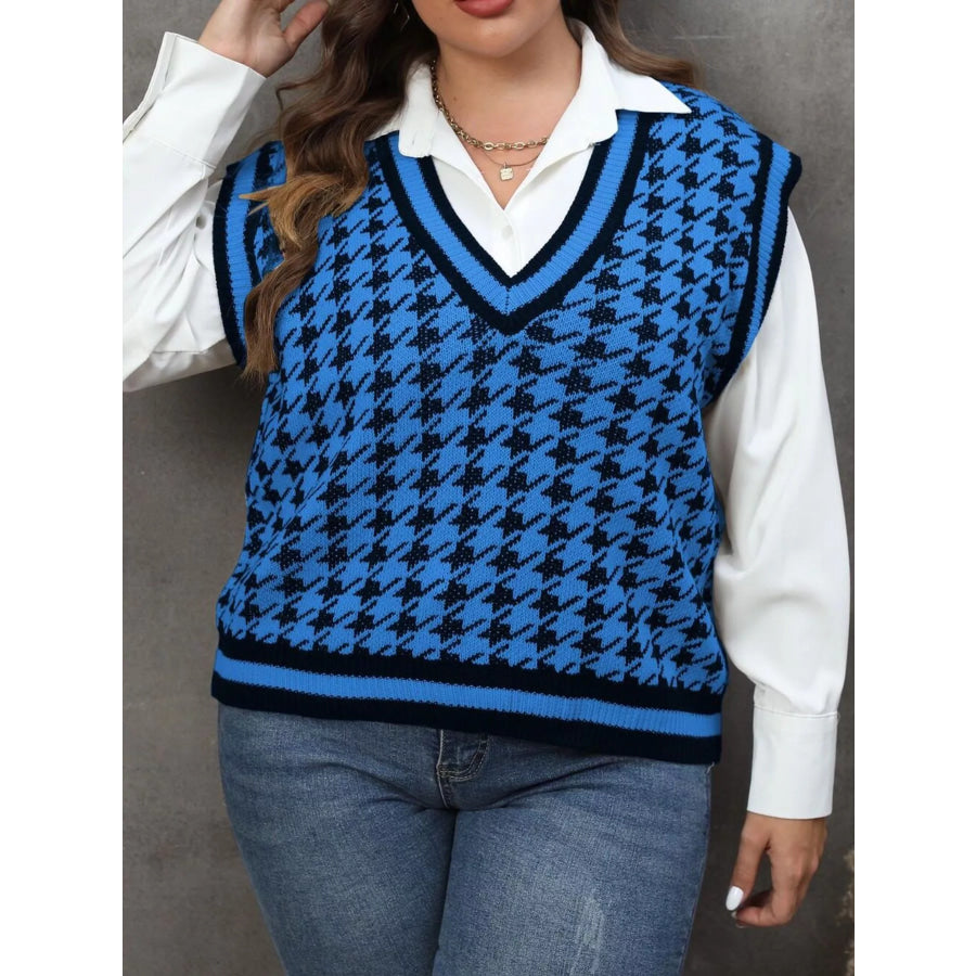 Plus Size Houndstooth V-Neck Knit Sweater Vest Apparel and Accessories