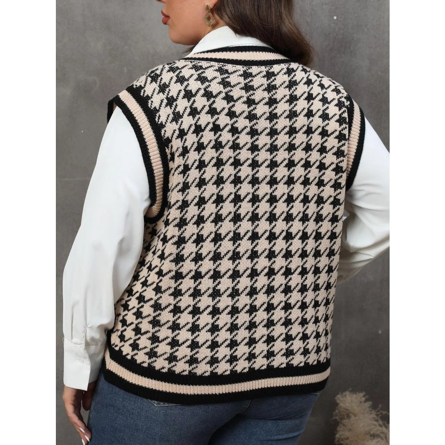 Plus Size Houndstooth V-Neck Knit Sweater Vest Apparel and Accessories