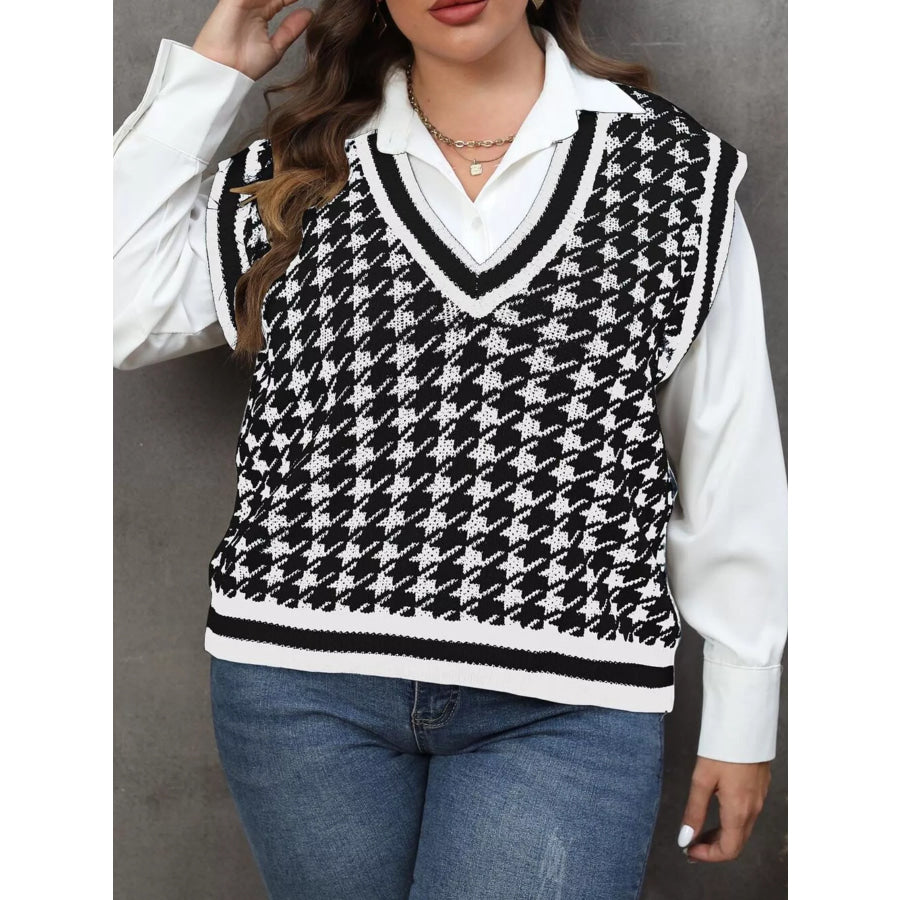 Plus Size Houndstooth V-Neck Knit Sweater Vest Apparel and Accessories