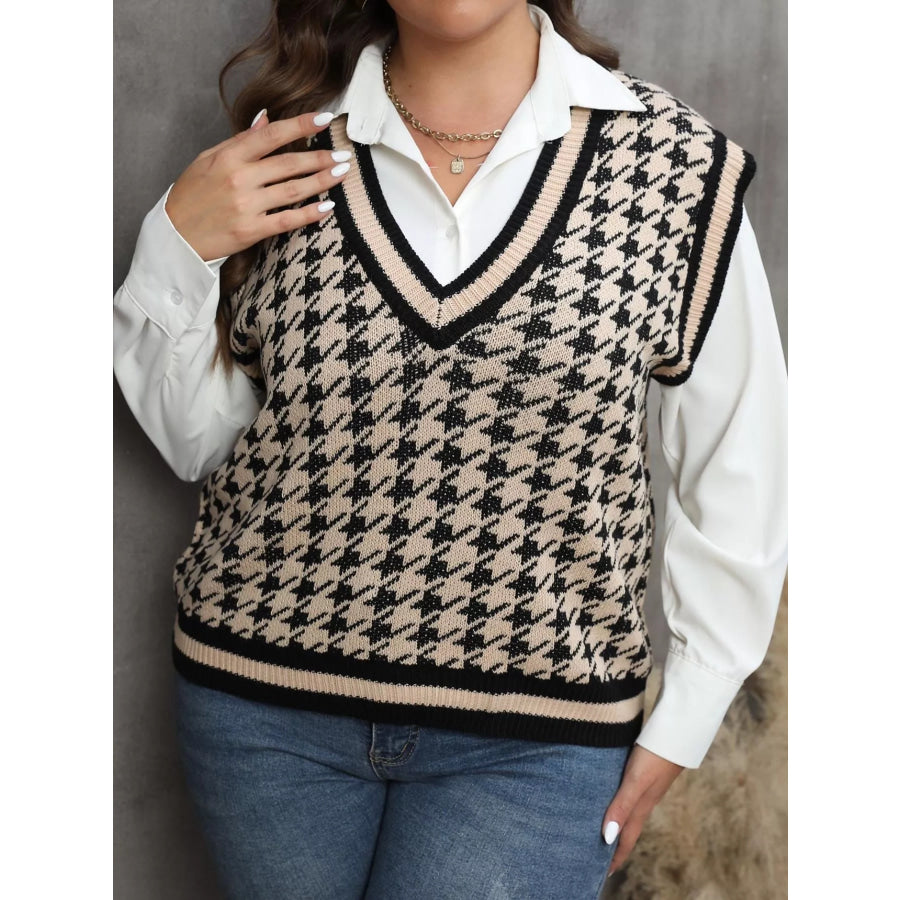 Plus Size Houndstooth V-Neck Knit Sweater Vest Apparel and Accessories