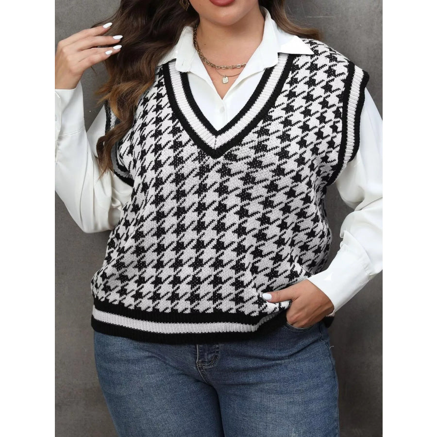 Plus Size Houndstooth V-Neck Knit Sweater Vest Apparel and Accessories