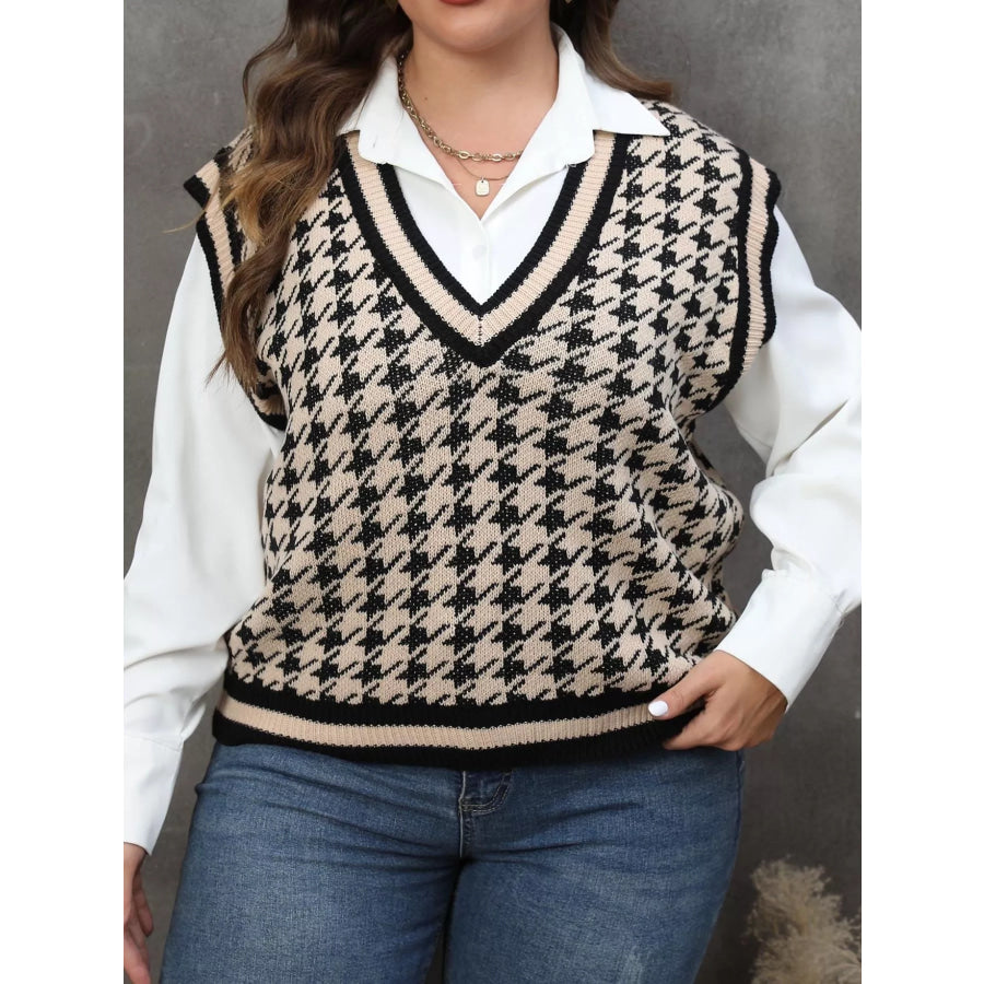 Plus Size Houndstooth V-Neck Knit Sweater Vest Apparel and Accessories