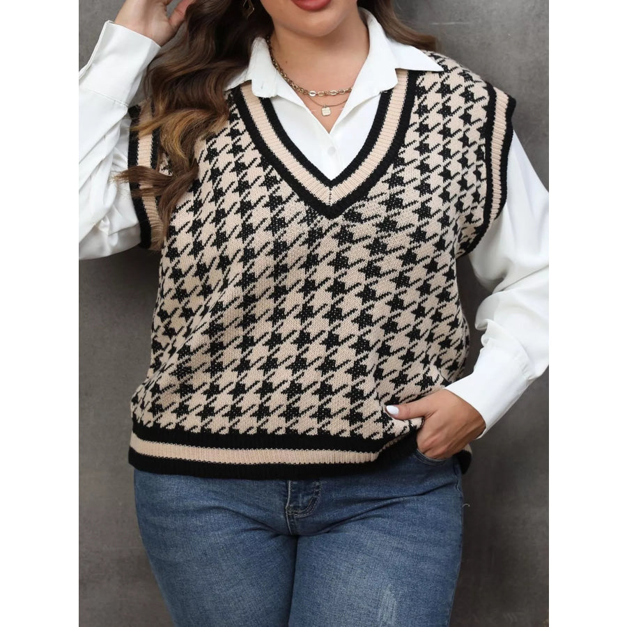 Plus Size Houndstooth V-Neck Knit Sweater Vest Apricot / L Apparel and Accessories