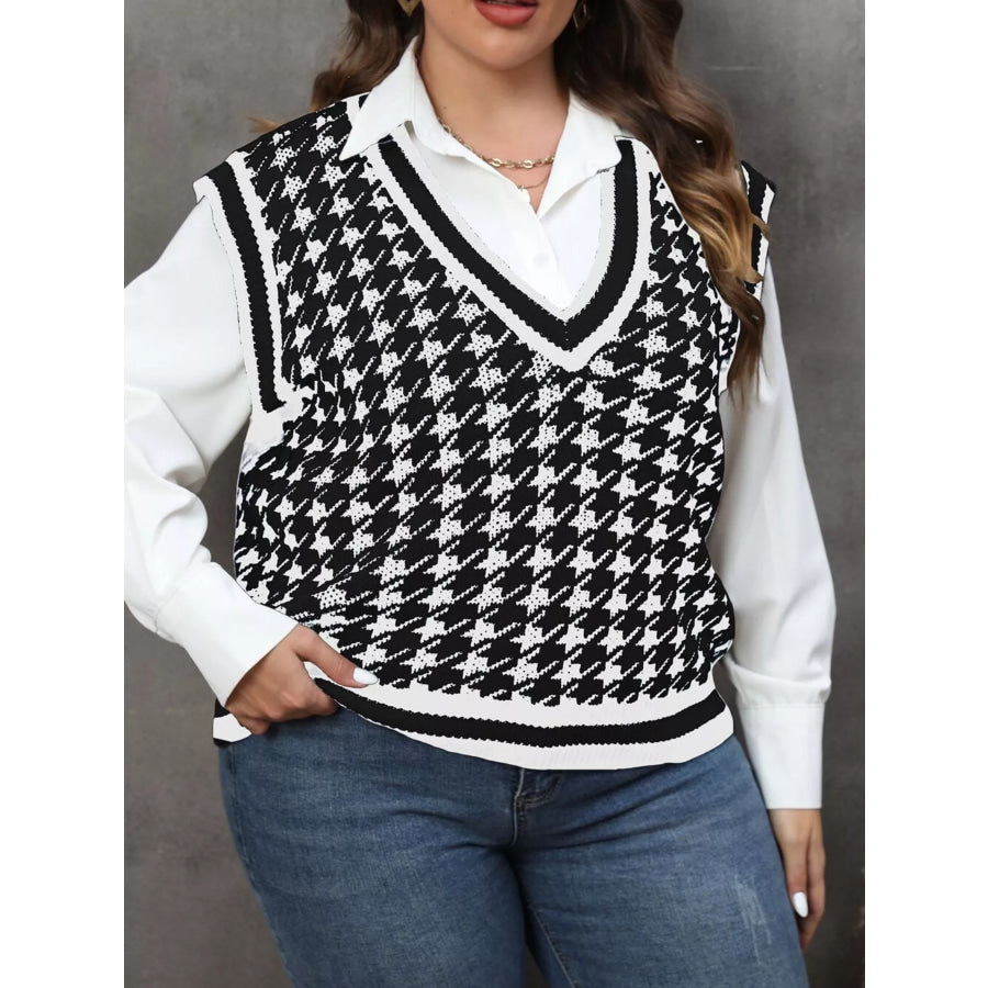 Plus Size Houndstooth V-Neck Knit Sweater Vest Black / L Apparel and Accessories