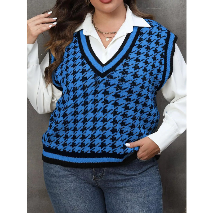 Plus Size Houndstooth V-Neck Knit Sweater Vest Blue / L Apparel and Accessories