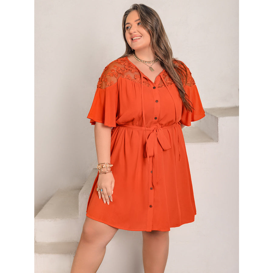 Plus Size Lace Button Up Half Sleeve Dress Apparel and Accessories