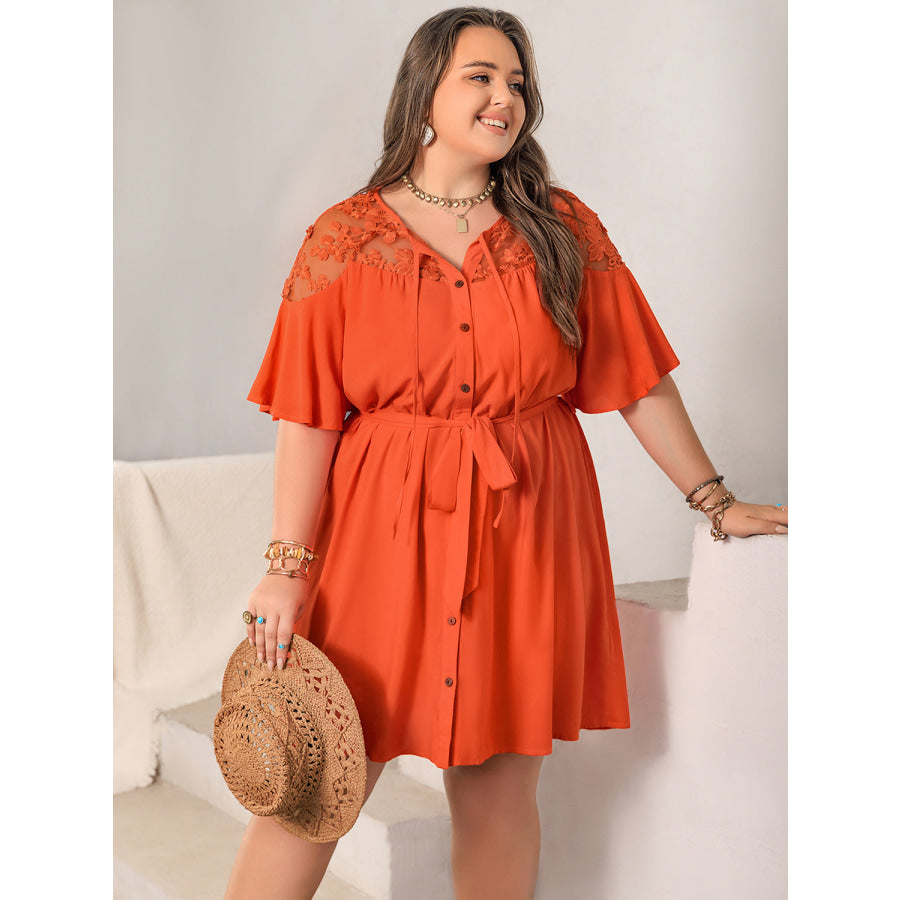 Plus Size Lace Button Up Half Sleeve Dress Apparel and Accessories