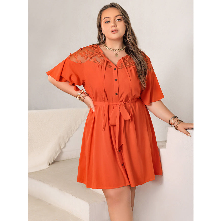 Plus Size Lace Button Up Half Sleeve Dress Apparel and Accessories