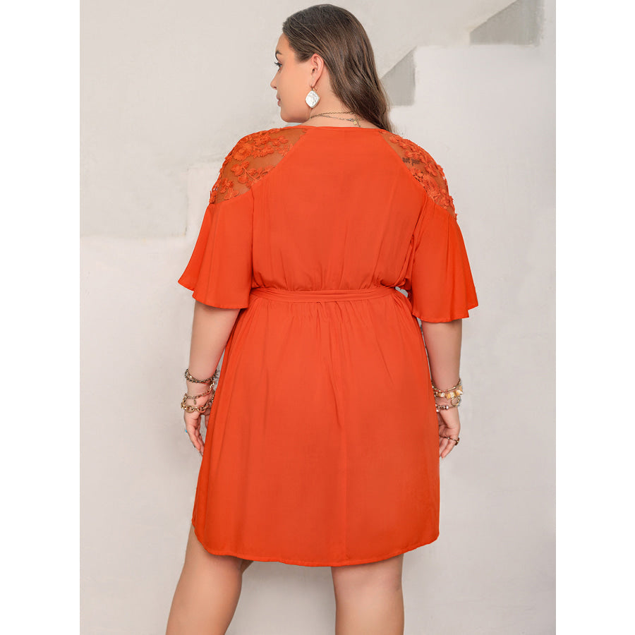 Plus Size Lace Button Up Half Sleeve Dress Apparel and Accessories