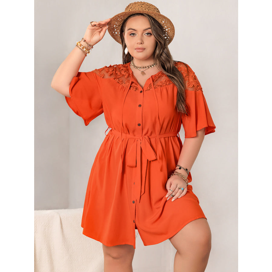 Plus Size Lace Button Up Half Sleeve Dress Orange / 0XL Apparel and Accessories